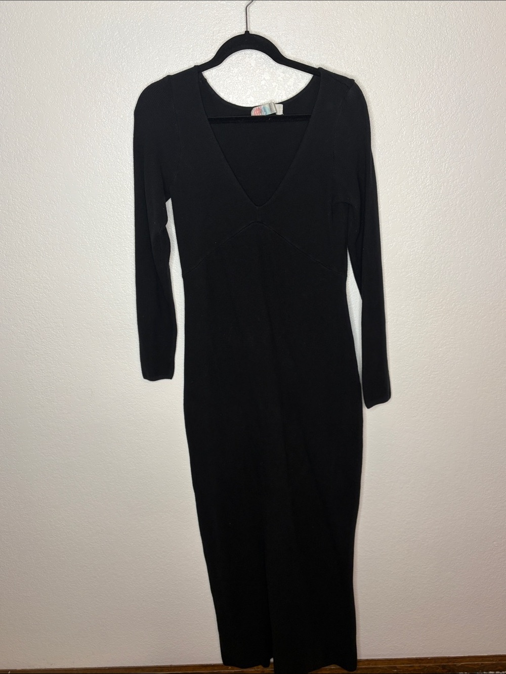 Free People Beach Black Ribbed Deep V Long Sleeve Maxi Dress Size Large